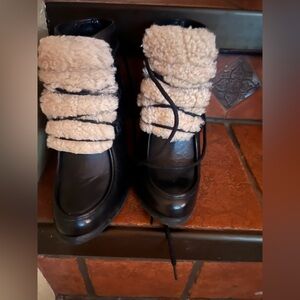 UGG Black Leather Boots with Cream Fleece